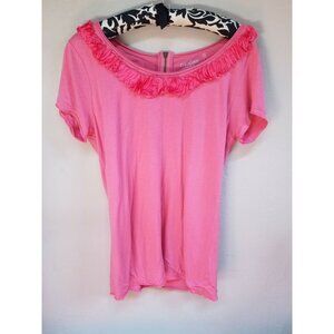 Caslon Easy-Fit Tee Womens Large Ruffled Neck Top Back Zipper Blouse Pink Casual